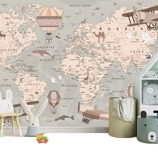 World Map Wall mural Kids Map with animal map wallpaper Nursery Wall removable wallpaper self adhesive Peel and Stick Kids Room