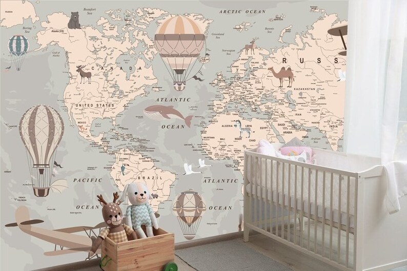 World Map Wall mural Kids Map with animal map wallpaper Nursery Wall removable wallpaper self adhesive Peel and Stick Kids Room