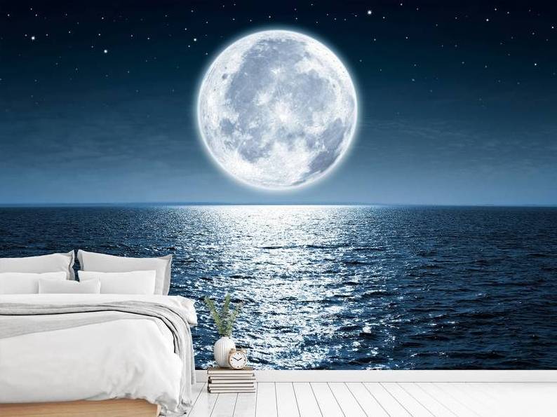 Full Moon Light Night Sea Wallpaper Bedroom Accent Wall Decal Moon Wall Decor Moon Path Wall Mural