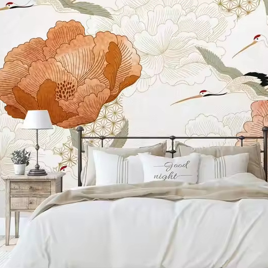 Crane birds Peel and Stick Japanese background element Peony Wall Mural Self Adhesive Peony floral pattern Removable Wallpaper