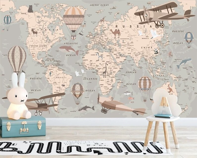 World Map Wall mural Kids Map with animal map wallpaper Nursery Wall removable wallpaper self adhesive Peel and Stick Kids Room