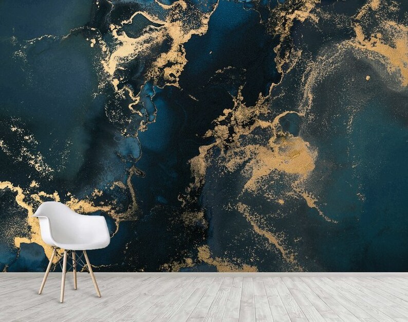 Navy Blue Wallpaper Wall Mural Dark Blue Gold Abstract Marble Wall Decor Blue Marble Texture Accent Design Wallpaper Print