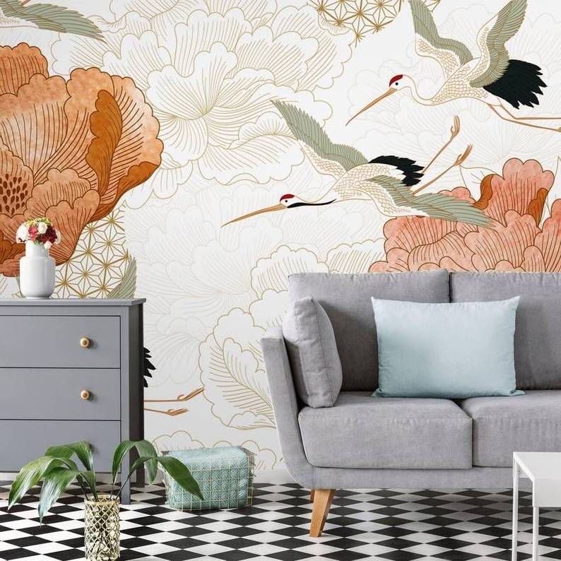 Crane birds Peel and Stick Japanese background element Peony Wall Mural Self Adhesive Peony floral pattern Removable Wallpaper