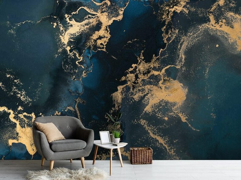 Navy Blue Wallpaper Wall Mural Dark Blue Gold Abstract Marble Wall Decor Blue Marble Texture Accent Design Wallpaper Print