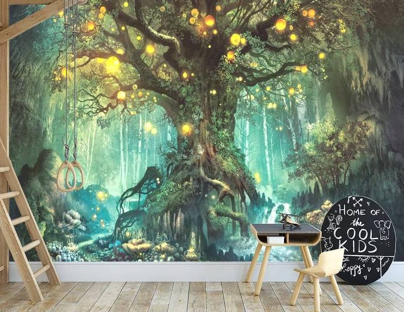 Fireflies on a Fantastic Tree Wall Mural Fantasy Tree Wallpaper Nursery Wall Decor Kids Playroom Wallpaper