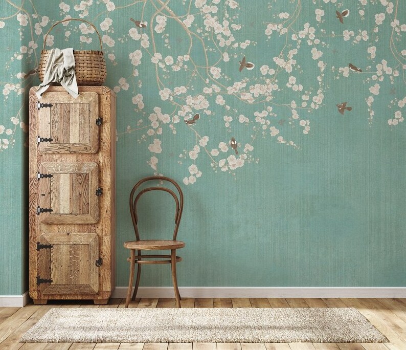 Chinoiserie Wallpaper Cherry Blossom Vintage  with Birds Floral Ancient Wallpaper Tree Branch Wallpaper