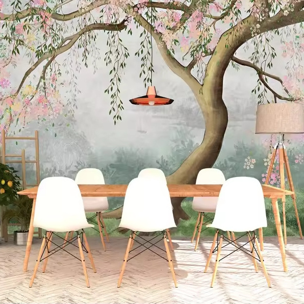 Under the Tree Peel and Stick Wallpaper Mural Flowering Tree with Willow Branches Wallpaper Nursery Removable Wallpaper