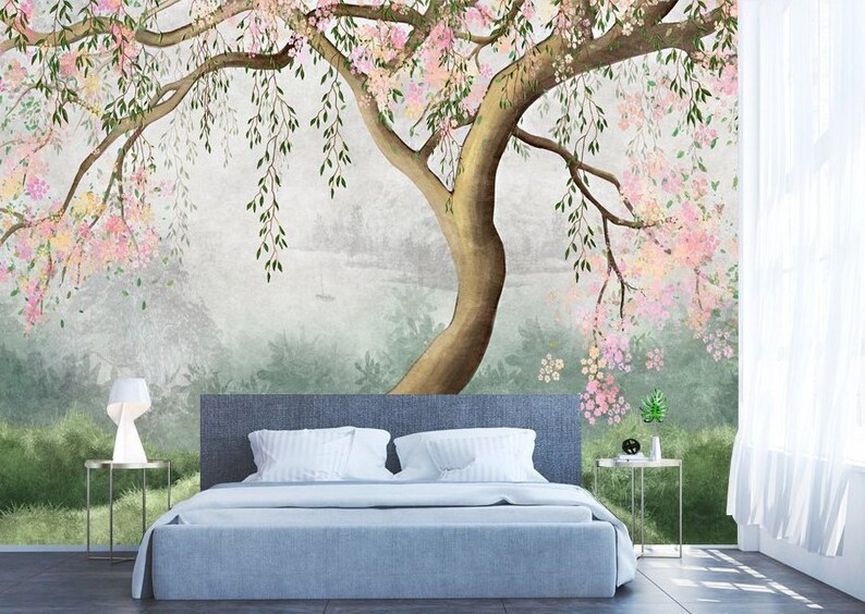 Under the Tree Peel and Stick Wallpaper Mural Flowering Tree with Willow Branches Wallpaper Nursery Removable Wallpaper