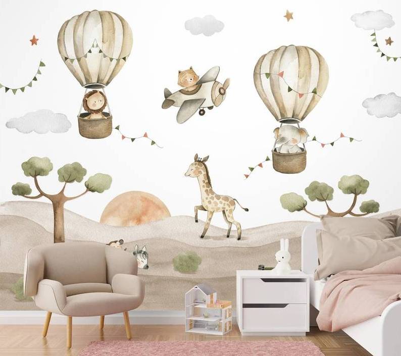 Watercolor Safari Animals Wall Mural Self Adhesive Nursery Wall Art Kids Removable Wallpaper lion zebra giraffe monkey