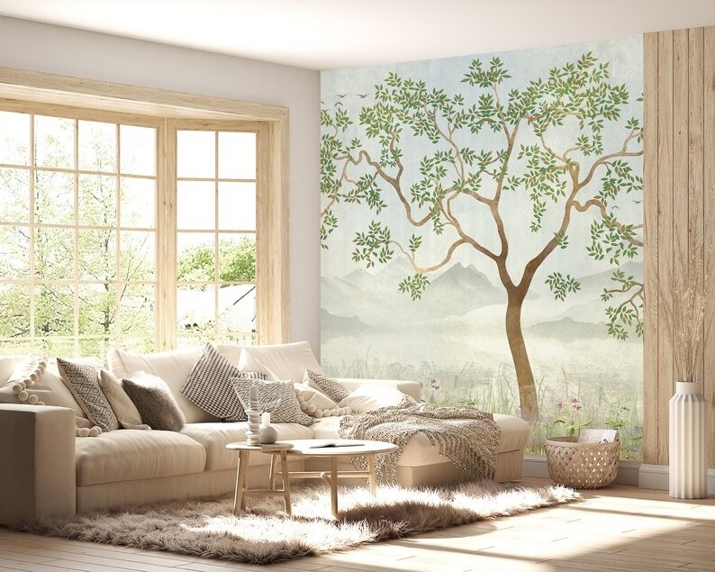 Tree by the Lake Wallpaper Landscape with Mountains Background Bedroom Wallpaper Mural Peel and Stick Wallpaper