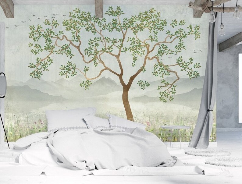 Tree by the Lake Wallpaper Landscape with Mountains Background Bedroom Wallpaper Mural Peel and Stick Wallpaper