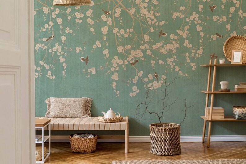 Chinoiserie Wallpaper Cherry Blossom Vintage  with Birds Floral Ancient Wallpaper Tree Branch Wallpaper