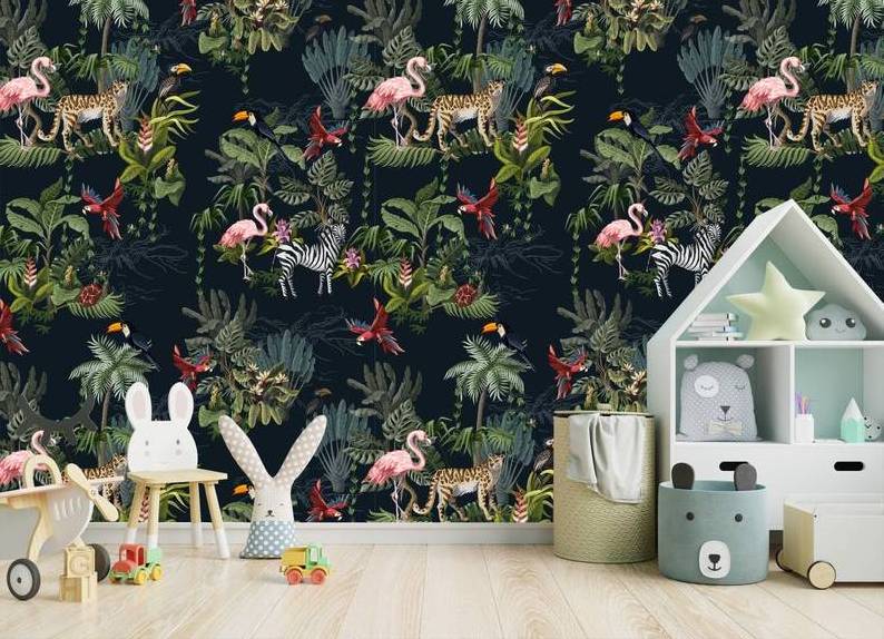 Jungle animals removable wallpaper self-adhesive peel and stick wall mural Safari mural print jungle kids room nursery walldecor