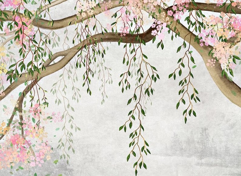 Under the Tree Peel and Stick Wallpaper Mural Flowering Tree with Willow Branches Wallpaper Nursery Removable Wallpaper