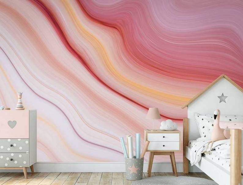 Peach Coral Wall Mural Wallpaper Abstract Wavy Wallpaper Girl Room Wall Decor Kids Room Accent Wall Traditional Wallpaper