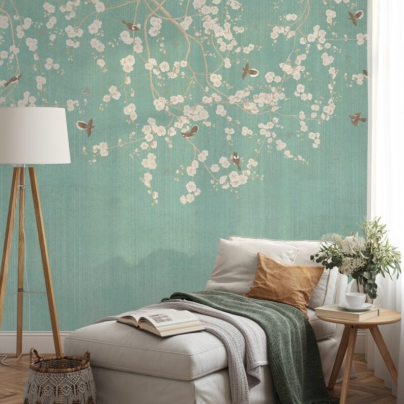 Chinoiserie Wallpaper Cherry Blossom Vintage  with Birds Floral Ancient Wallpaper Tree Branch Wallpaper