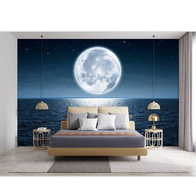 Full Moon Light Night Sea Wallpaper Bedroom Accent Wall Decal Moon Wall Decor Moon Path Wall Mural