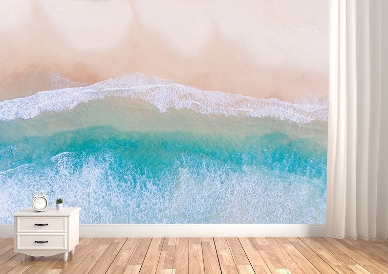 Turquoise Waves Beach Wall Mural Wallpaper Sea Beach Aerial View Wallpaper Seasacpe Island Landscape Blue Wave Wallpaper