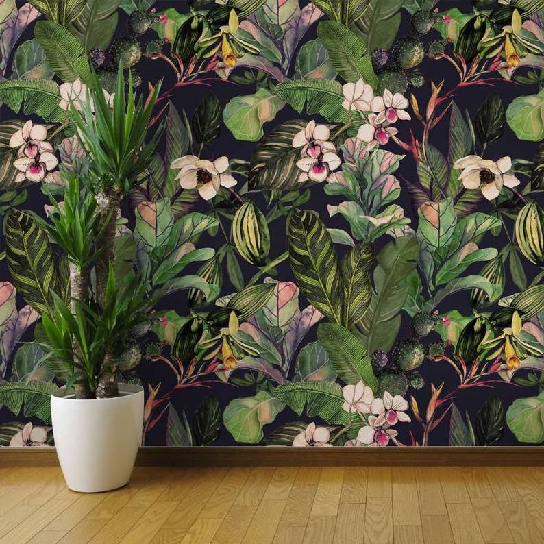 watercolor tropical leaves and flowers wallpaper Temporary wallpaper Peel and Stick magnolia flower for Bedroom Wallpaper