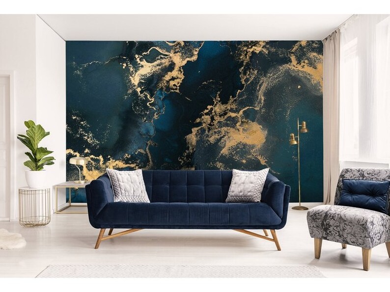 Navy Blue Wallpaper Wall Mural Dark Blue Gold Abstract Marble Wall Decor Blue Marble Texture Accent Design Wallpaper Print