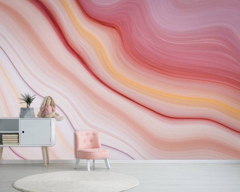 Peach Coral Wall Mural Wallpaper Abstract Wavy Wallpaper Girl Room Wall Decor Kids Room Accent Wall Traditional Wallpaper