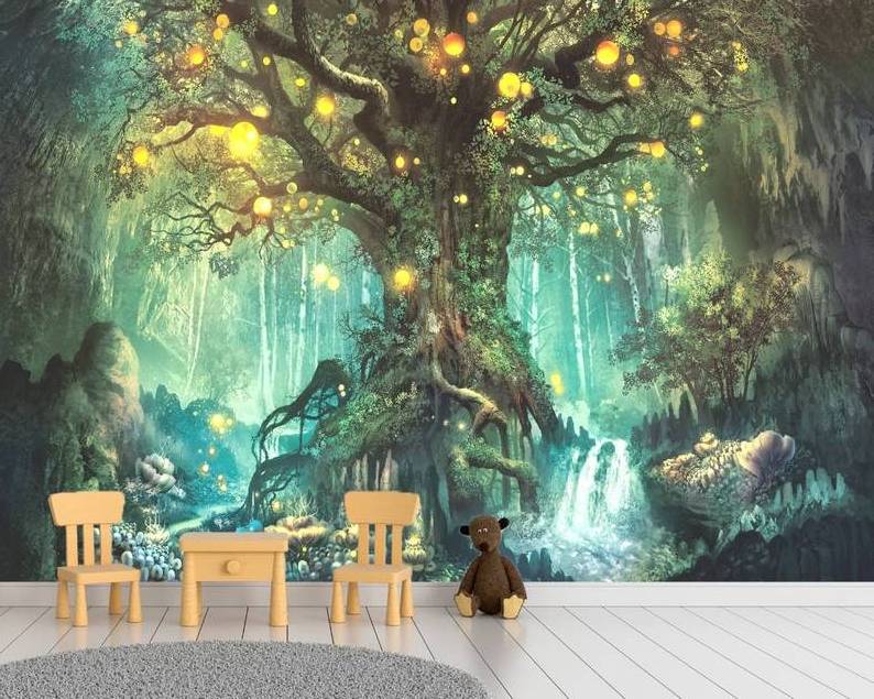 Fireflies on a Fantastic Tree Wall Mural Fantasy Tree Wallpaper Nursery Wall Decor Kids Playroom Wallpaper