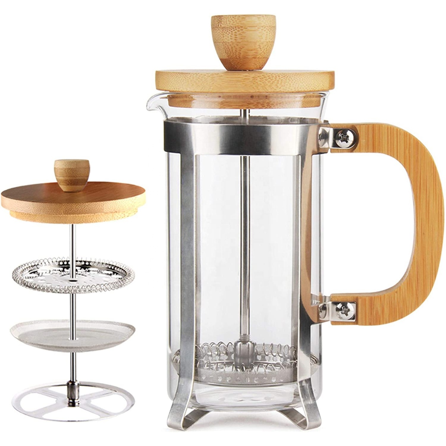 Stainless steel frame portable coffee makers high borosilicate glass Coffee Press bamboo french press with bamboo handle