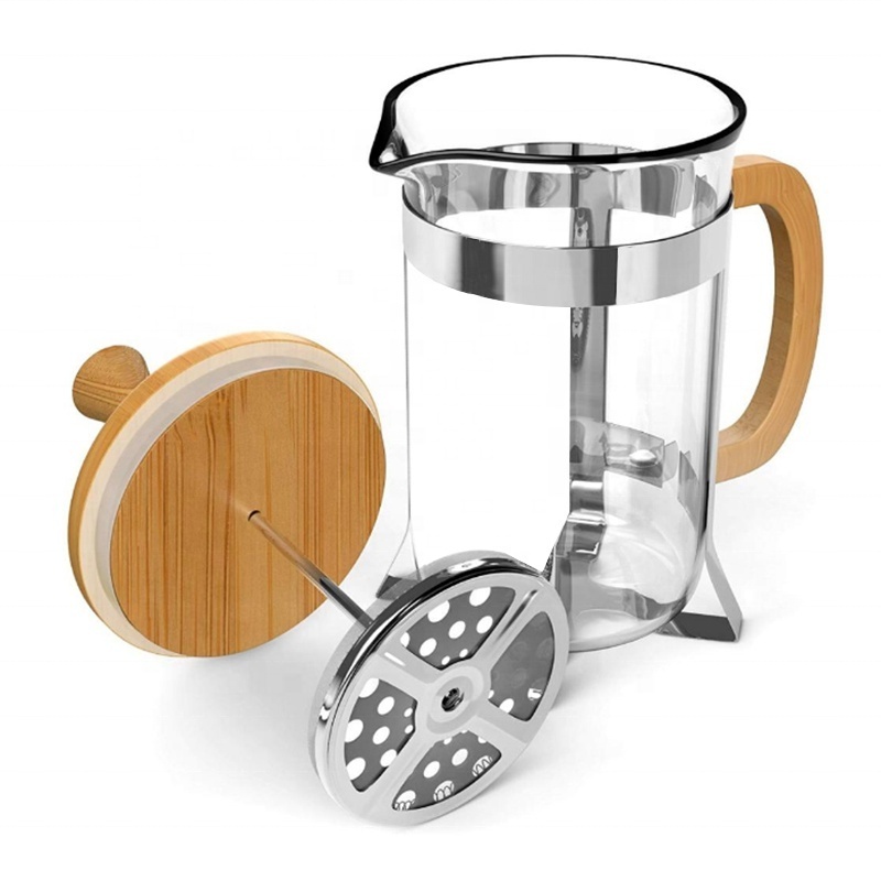 Stainless steel frame portable coffee makers high borosilicate glass Coffee Press bamboo french press with bamboo handle