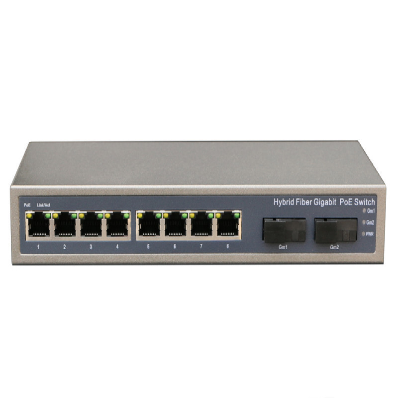 Standard short circuit protection 44-57V DC 52v 2.5a 8 port outdoor poe switch with 2 port gigabit fiber sc uplink