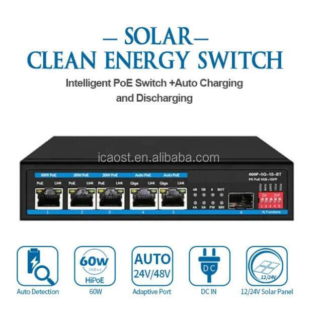 Gigabit 48V/24V Solar power PoE switch Sustainable UPS PoE Switch 5 Port Gigabit PoE Switch Sustainable solar power supply