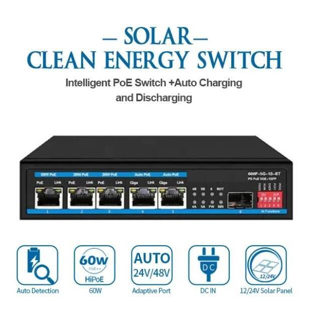 Solar power PoE switch Gigabit 48V/24V Sustainable UPS PoE Switch 5 Port Gigabit PoE Switch Sustainable solar power supply