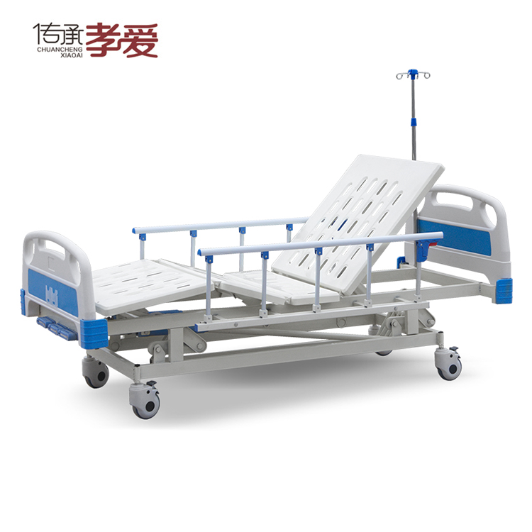 Stainless Steel 3 Cranks Multifunction Adjustable Medical Foldable Manual ICU Hospital Bed Manufactures with IV Pole