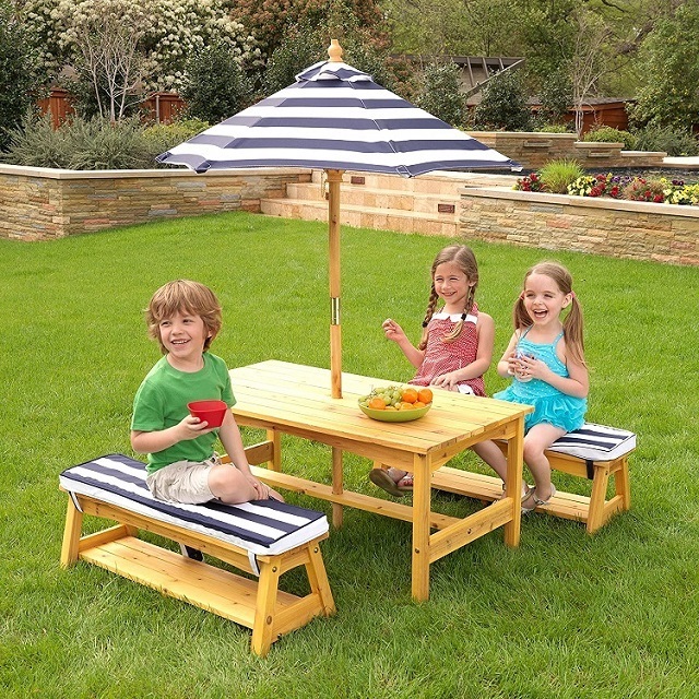 Outdoor Wooden Picnic Table And Chair Set With Cushions Navy Stripeskids Children Gift Kids Table Chair Furniture