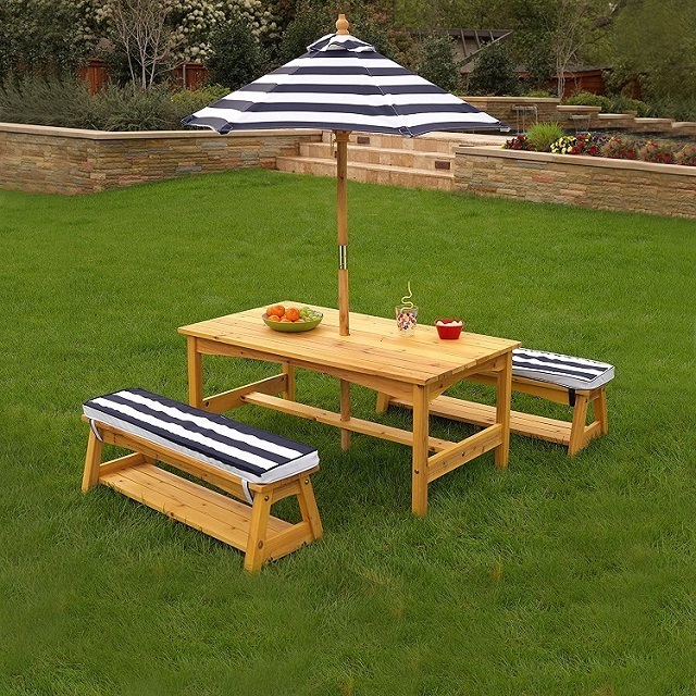 Outdoor Wooden Picnic Table And Chair Set With Cushions Navy Stripeskids Children Gift Kids Table Chair Furniture