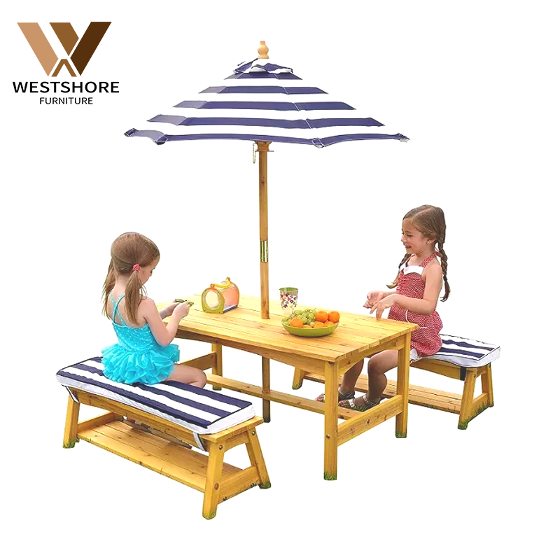 Outdoor Wooden Picnic Table And Chair Set With Cushions Navy Stripeskids Children Gift Kids Table Chair Furniture