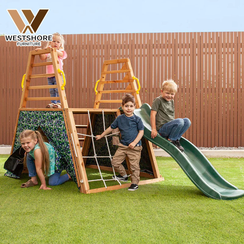 Customized Wooden Climbing Frame Safety Kids Playground Plastic Slide And Swing School Educational Toys For Sale