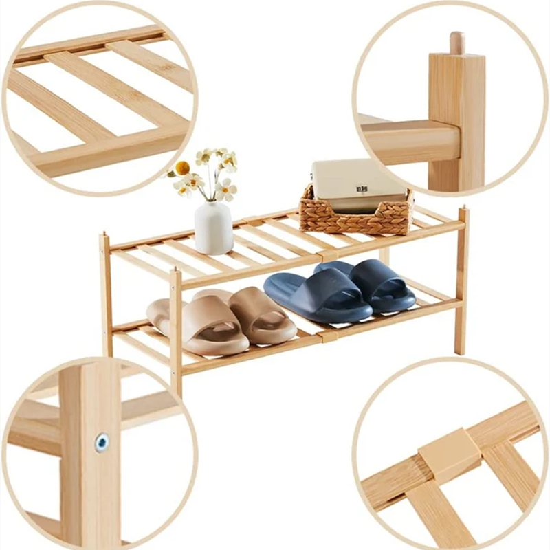 Shoe Rack Organizer For Closet Entryway 2-Tier Bamboo Stackable Small Shoe Storage For Dorm Front Door Wooden Shoe Shelf