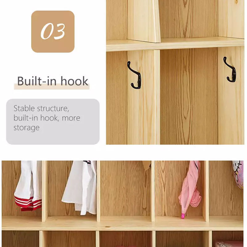 Classic Birch Wooden Coat School Bag Lockers With Coat Hooks 3-Shelf Cubbies Lockers For Kids Montessori Kindergarten Furniture