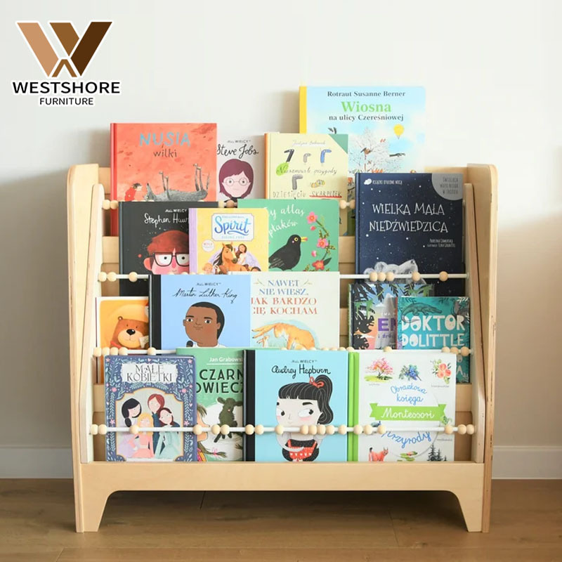 Montessori Kids Canvas Sling Bookshelf Children'S Wooden Bookcase For Easy Organization Wooden Bookshelf Storage Easy Assembly