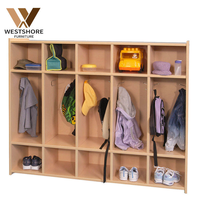 Classic Birch Wooden Coat School Bag Lockers With Coat Hooks 3-Shelf Cubbies Lockers For Kids Montessori Kindergarten Furniture