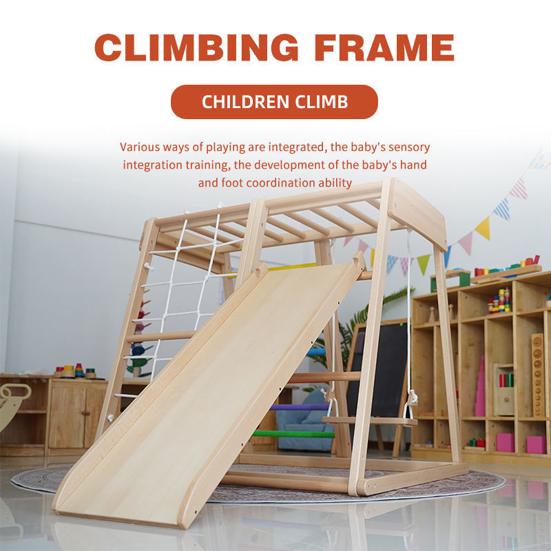 Montessori Children Indoor Wooden Climbing Frame and Swing Climbing Triangle With Slide