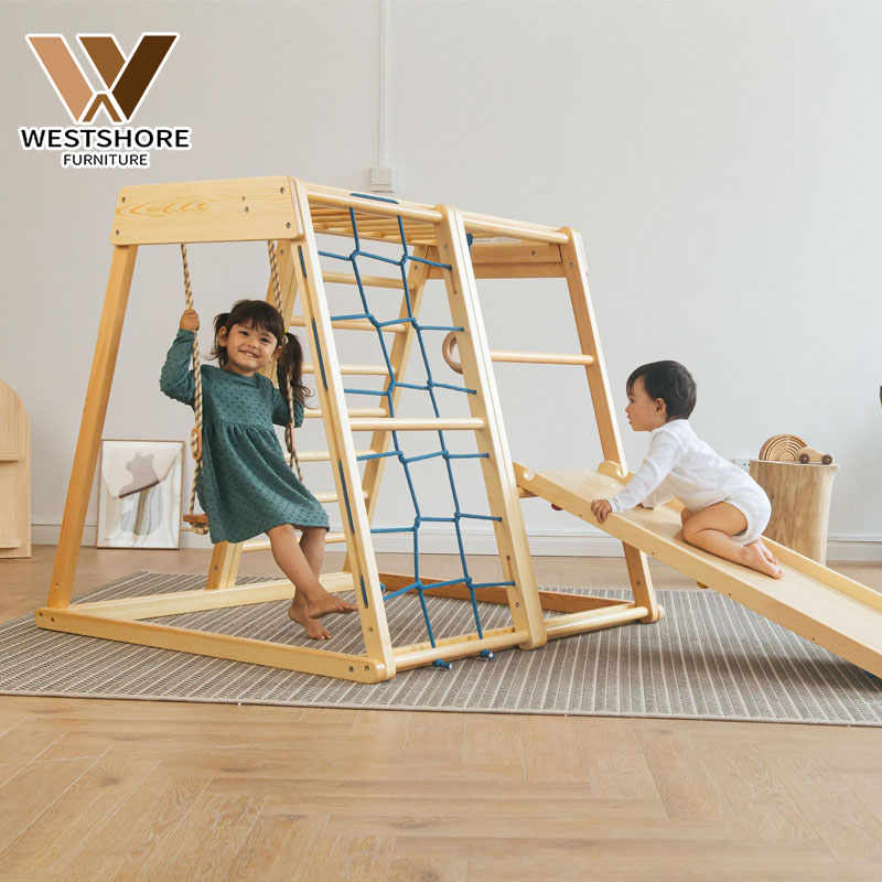 Montessori Children Indoor Wooden Climbing Frame and Swing Climbing Triangle With Slide