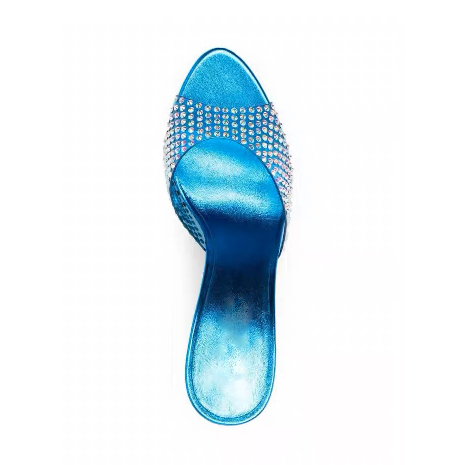 PVC Transparent Encrusted Diamond High Heels Sandals Slippers Blue Leather Flats  2022 New Muller Shoes