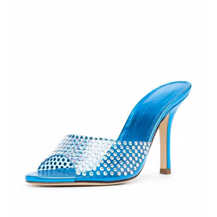 PVC Transparent Encrusted Diamond High Heels Sandals Slippers Blue Leather Flats  2022 New Muller Shoes