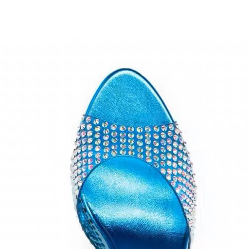 PVC Transparent Encrusted Diamond High Heels Sandals Slippers Blue Leather Flats  2022 New Muller Shoes