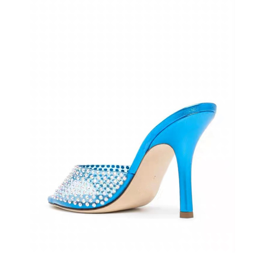 PVC Transparent Encrusted Diamond High Heels Sandals Slippers Blue Leather Flats  2022 New Muller Shoes