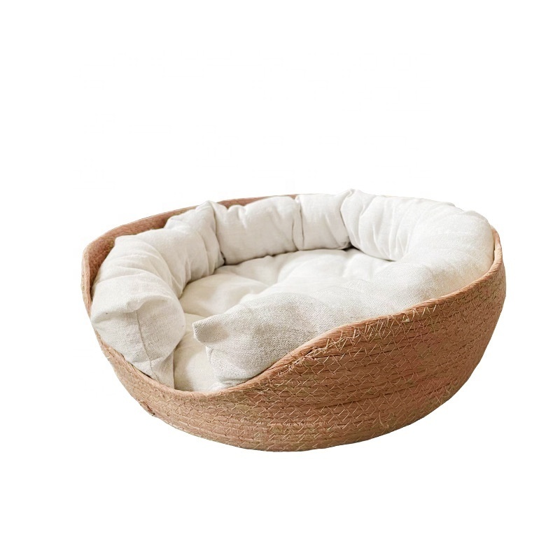 wholesale manufacturer New DIY Japanese style  Rattan cat bed pet handmade  round bed Cushion Deep sleep warm dog Sofa bed