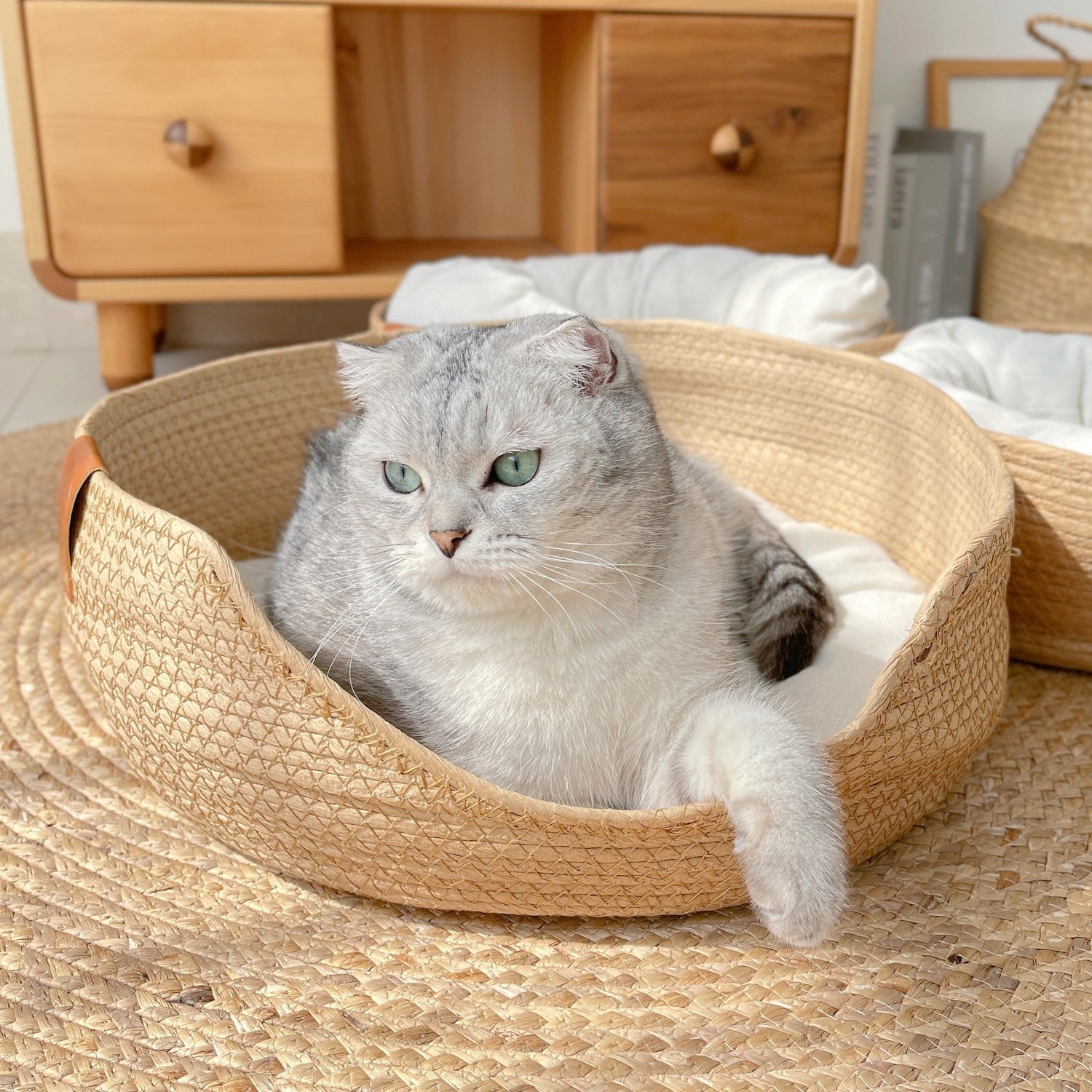 wholesale manufacturer New DIY Japanese style  Rattan cat bed pet handmade  round bed Cushion Deep sleep warm dog Sofa bed