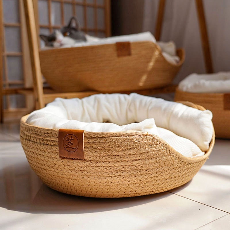 wholesale manufacturer New DIY Japanese style  Rattan cat bed pet handmade  round bed Cushion Deep sleep warm dog Sofa bed