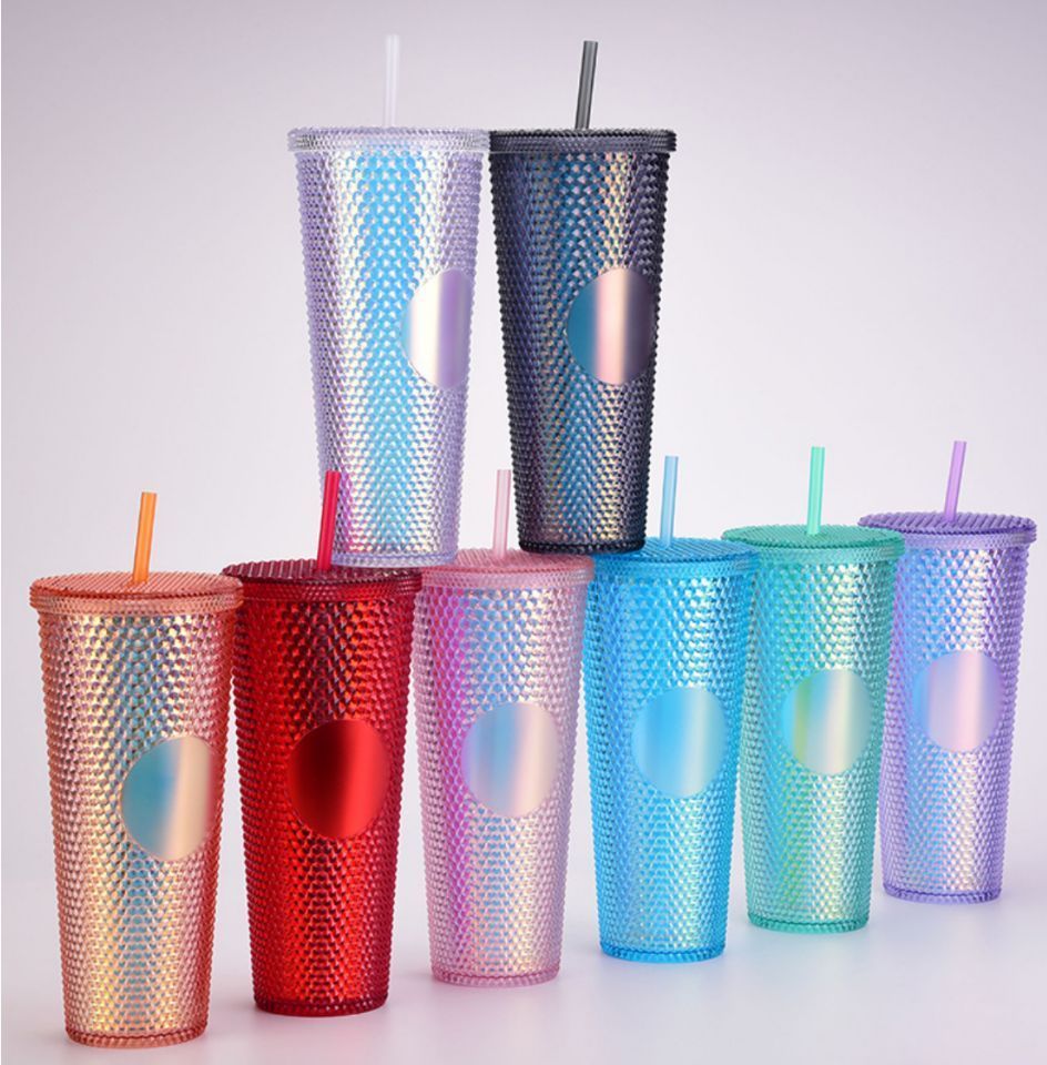 Large-capacity creative 710ml Double-layer plastic straw tumbler luminous color-changing rainbow gradient durian cups